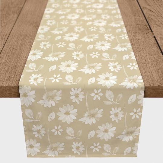 Designs Direct; 6ft. Tan & White Florals Cotton Twill Table Runner; Category:Table Runners; Image:1
